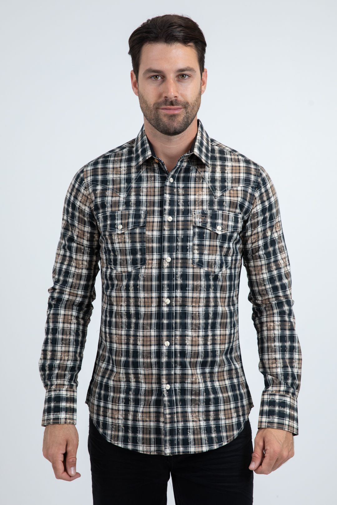 WPL11238 MENS BROWN AND BLUE PLAID LONG-SLEEVED SHIRT