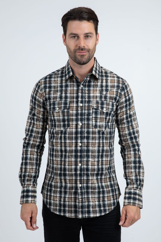WPL11238 MENS BROWN AND BLUE PLAID LONG-SLEEVED SHIRT