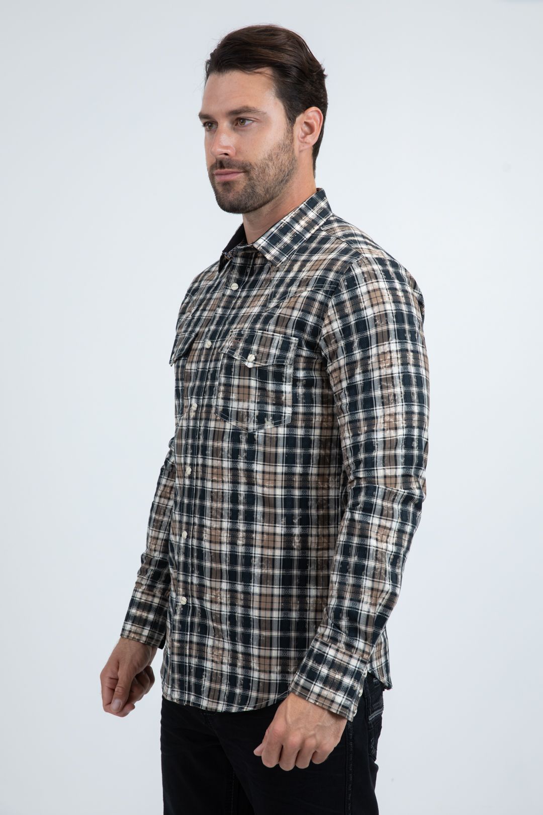WPL11238 MENS BROWN AND BLUE PLAID LONG-SLEEVED SHIRT