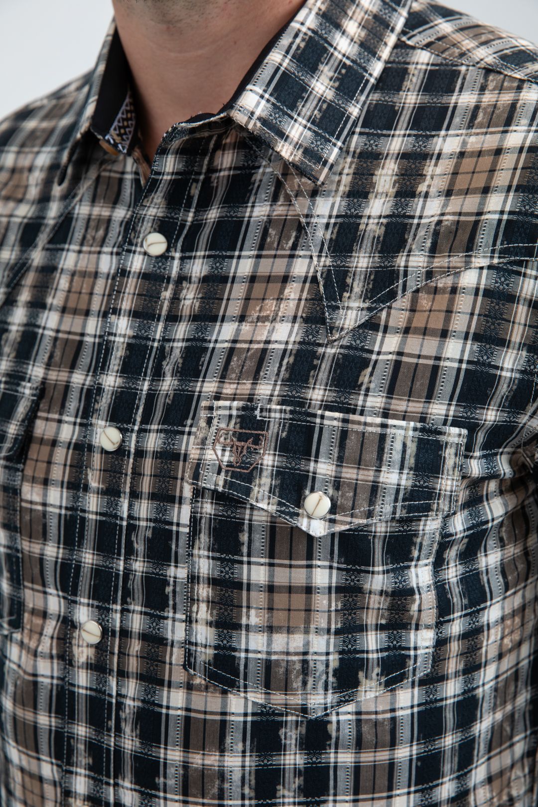 WPL11238 MENS BROWN AND BLUE PLAID LONG-SLEEVED SHIRT