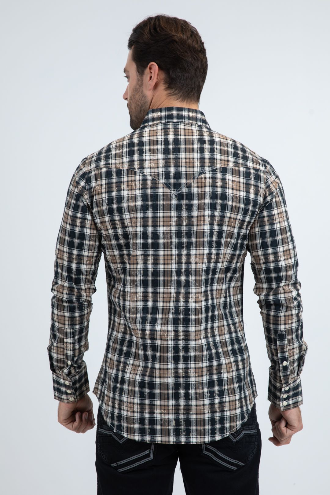 WPL11238 MENS BROWN AND BLUE PLAID LONG-SLEEVED SHIRT