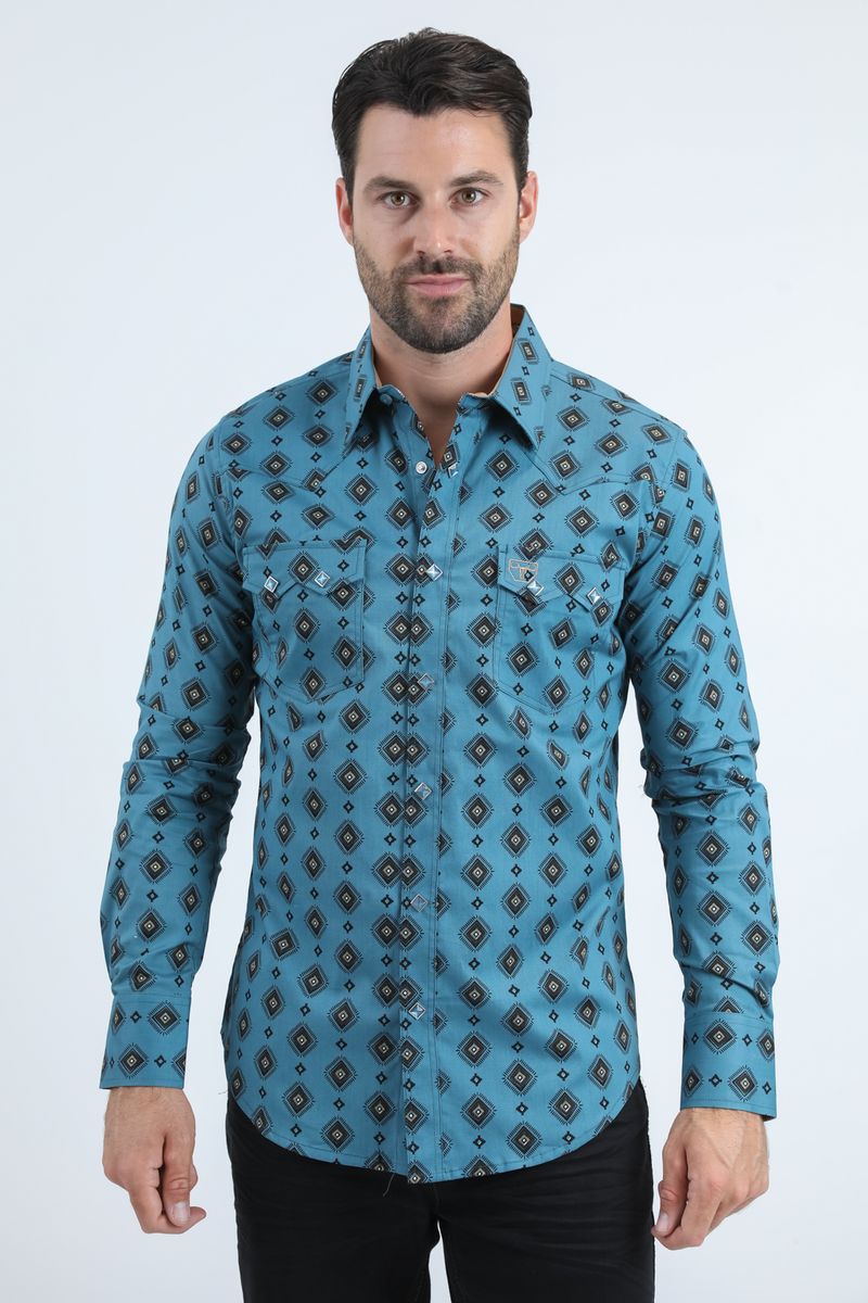 WPL11072 MENS WESTERN MODERN FIT COTTON/SPANDEX LONG SLEEVE SHIRT BLUE