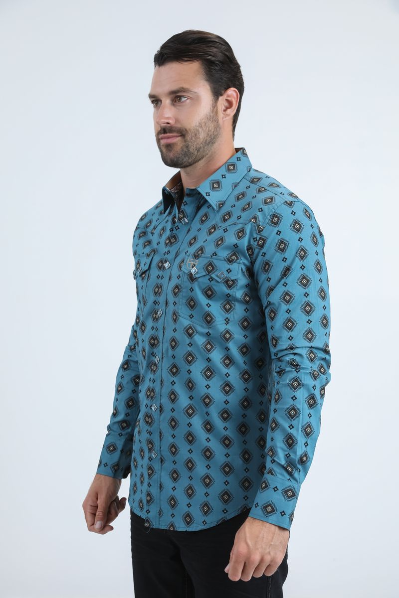 WPL11072 MENS WESTERN MODERN FIT COTTON/SPANDEX LONG SLEEVE SHIRT BLUE