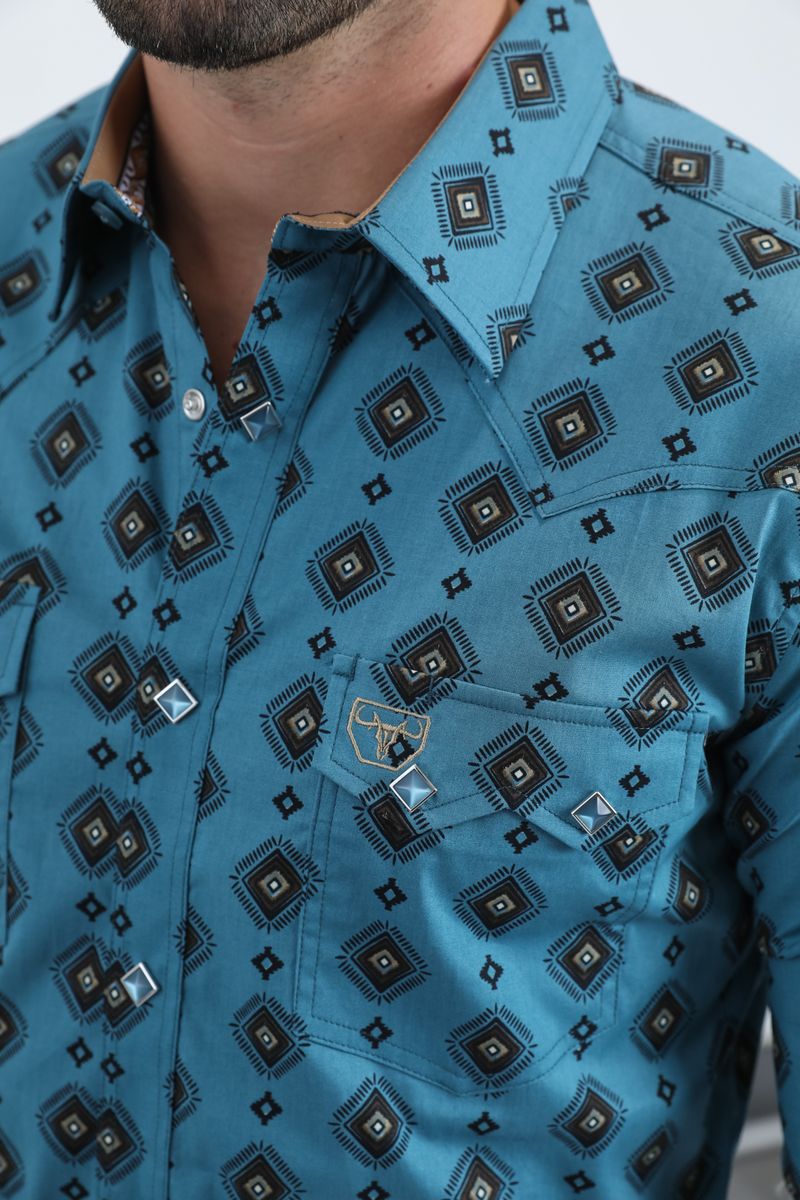 WPL11072 MENS WESTERN MODERN FIT COTTON/SPANDEX LONG SLEEVE SHIRT BLUE