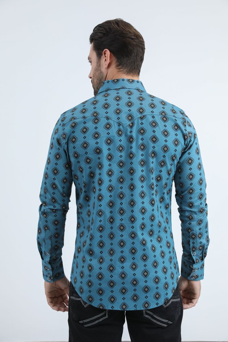 WPL11072 MENS WESTERN MODERN FIT COTTON/SPANDEX LONG SLEEVE SHIRT BLUE