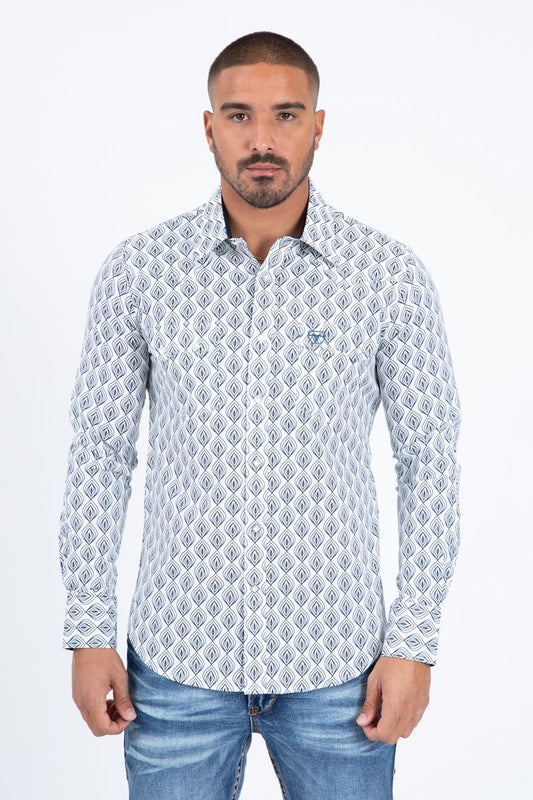 WPL11370 MENS WESTERN MODERN FIT COTTON/SPANDEX LONG SLEEVE SHIRT WHITE AND