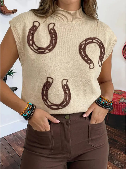 SPRING WESTERN MOCK NECK SHORT SLEEVE KNIT SWEATER
