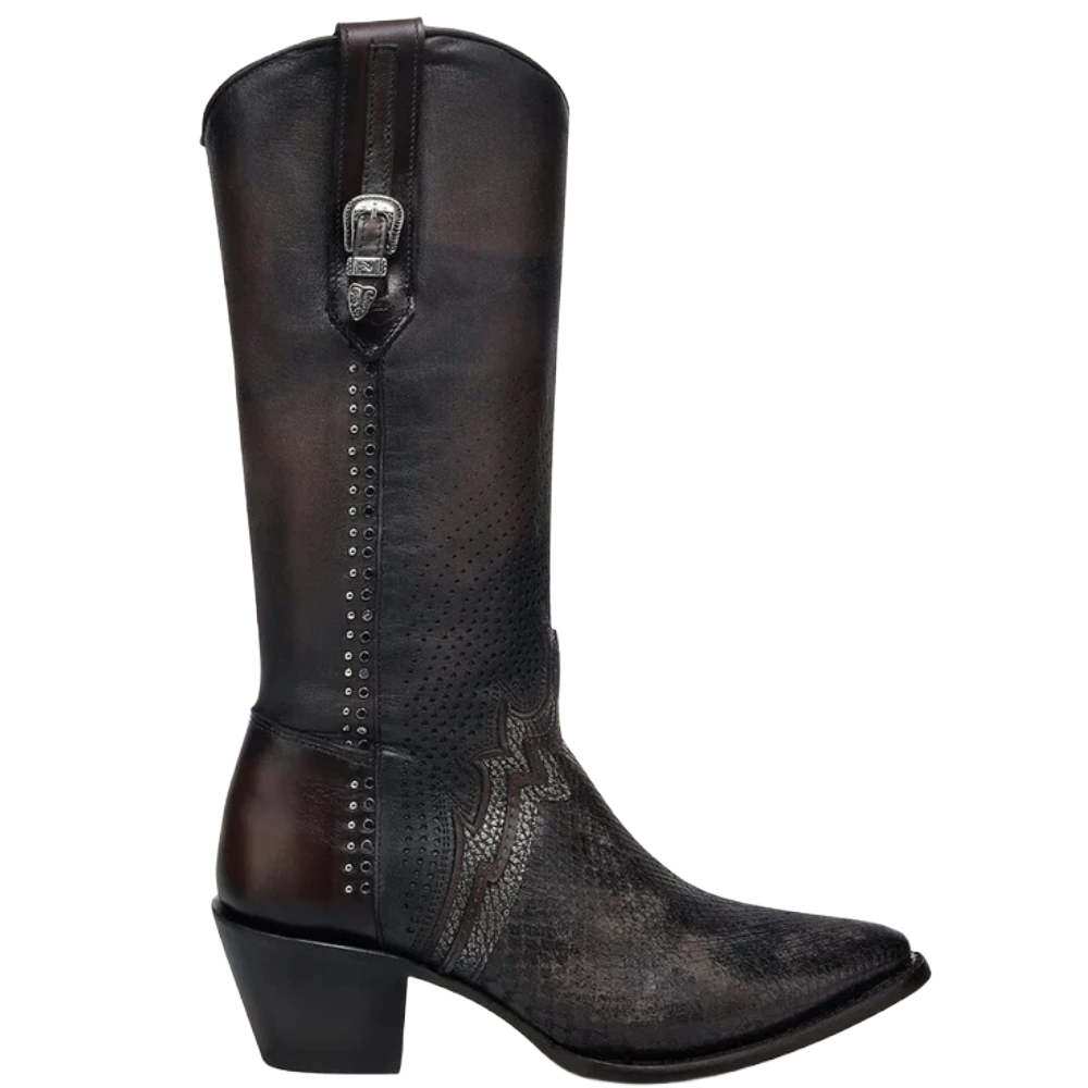 CC243 WOMEN'S GENUINE PYTHON & BOVINE BROWN LEATHER WESTERN BOOT WITH STUDS