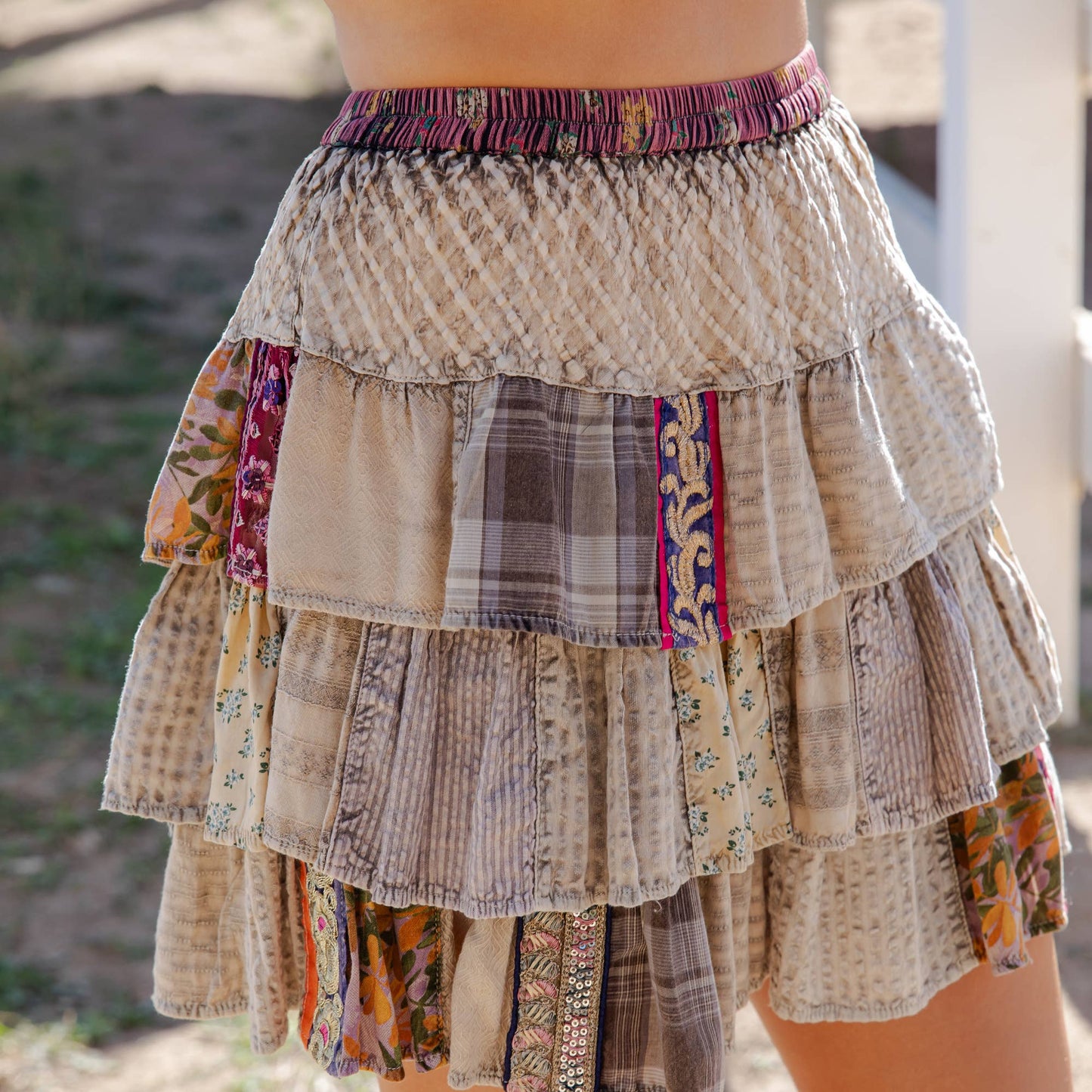 Artisan Patchwork Ruffle Tiered Mini Skirt with Fully Lined