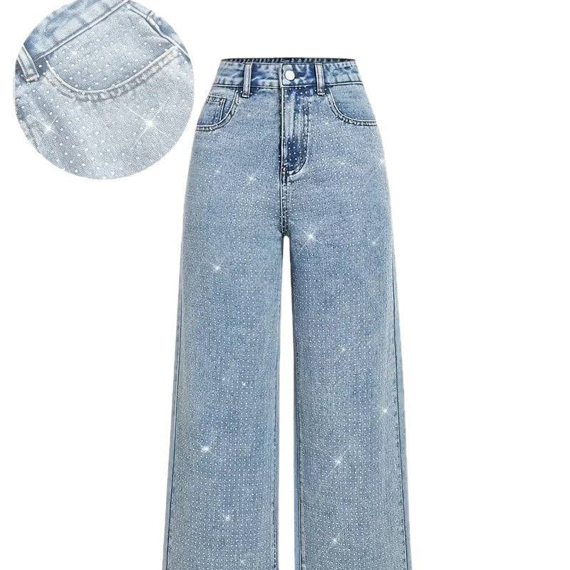 Casual Beaded Stretch Straight Leg Jeans Ligth Blue