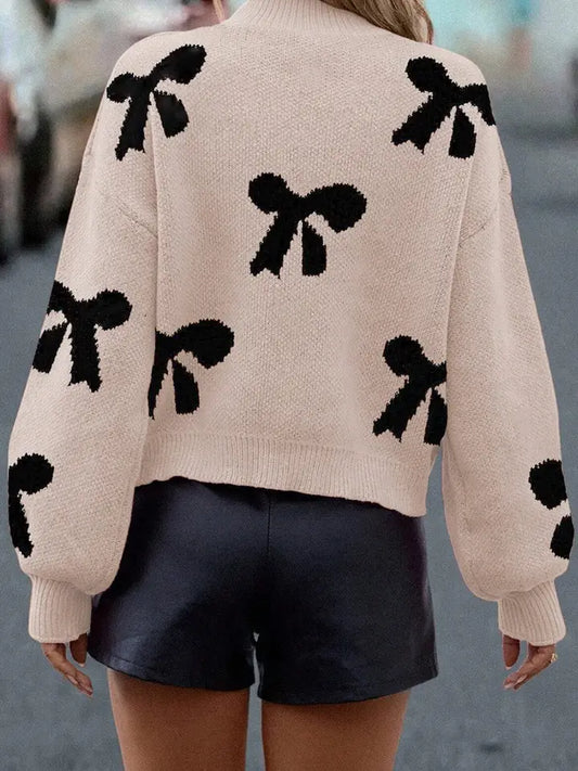 FW2726663 SMOKE GRAY PEARL EMBELLISHED BOW PATTERN LOOSE SWEATER