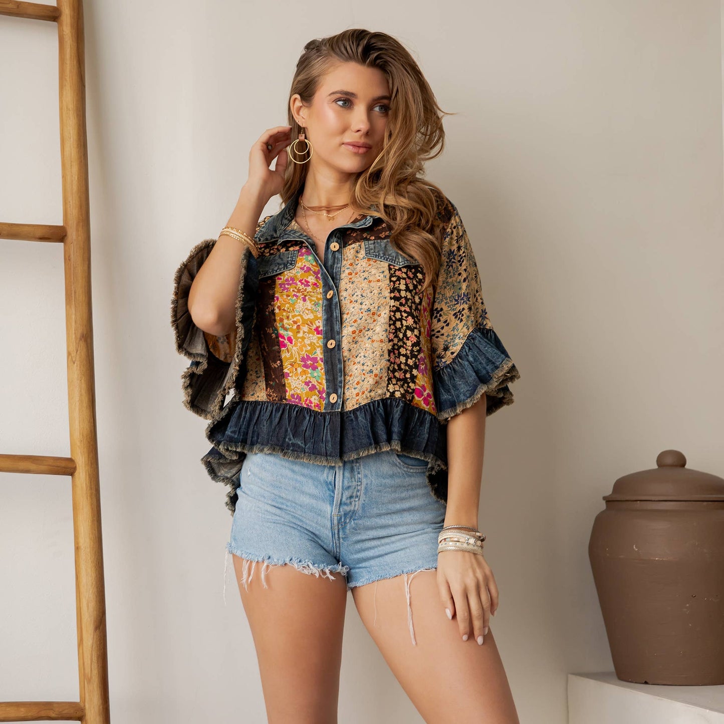 Distressed Denim Crop Jacket with Ruffled Hem