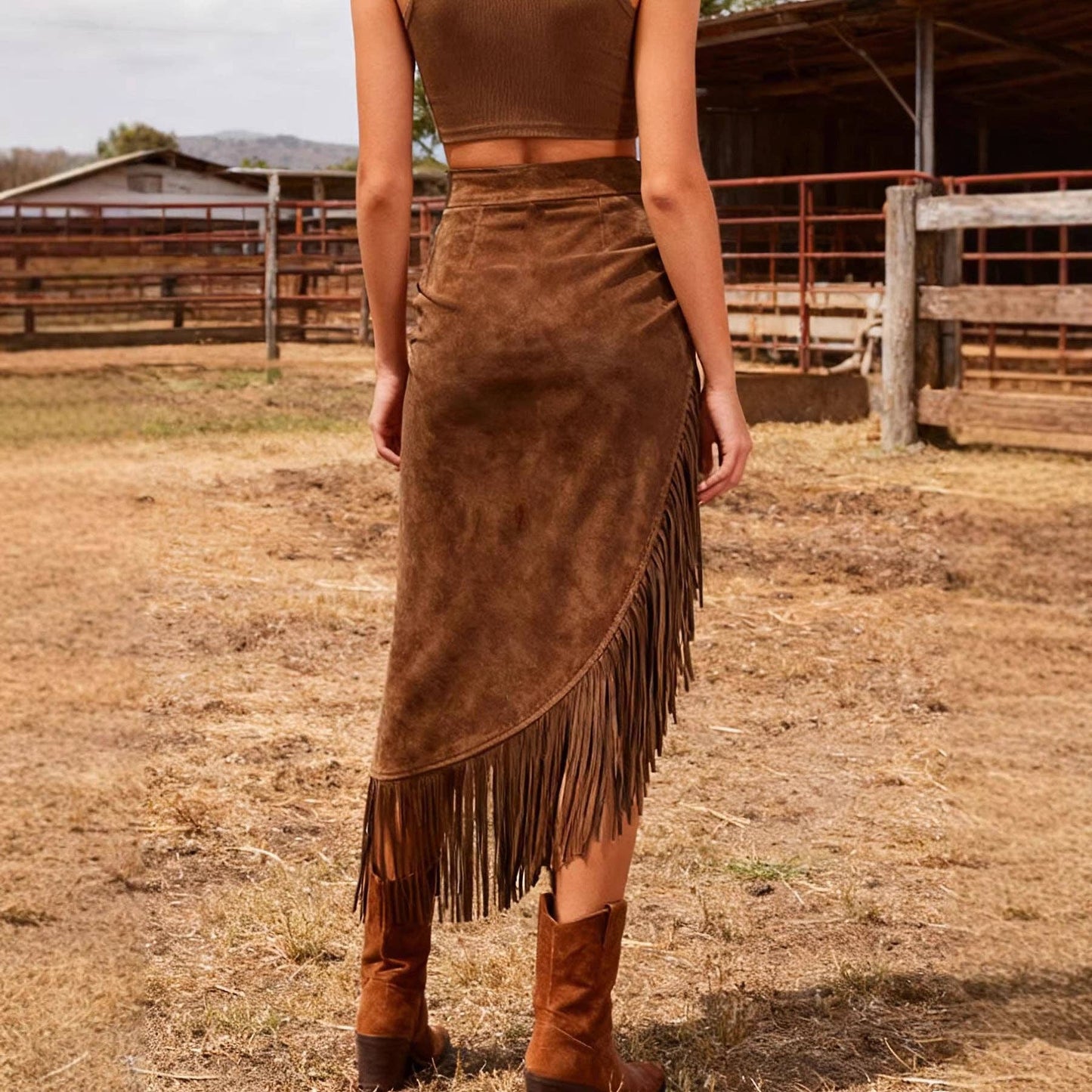 Western Retro Western Fringe Hem Irregular Suede Skirt BROWN