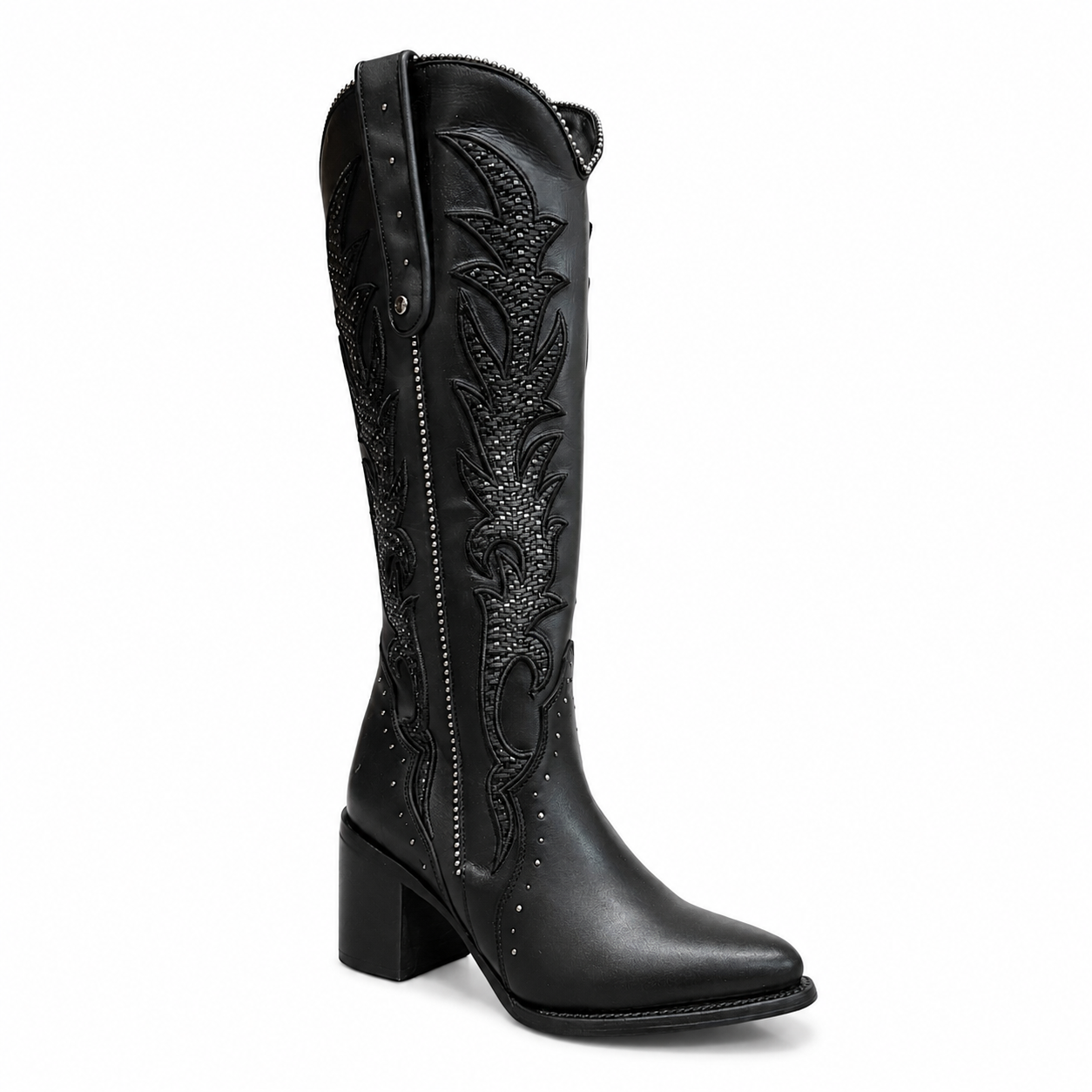 CC337 CUADRA BLACK EMBROIDERY & ZIPPER & WOVEN & STUDS POINTED TOE BOOTS