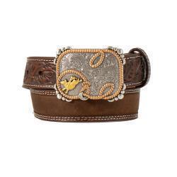 D120004202 3D BOYS BELT FLORAL BILLET CRAZY HORSE INLAY BROWN