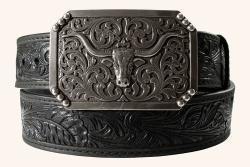 D100012101 3D Mens Belt 1 1/2 Floral Embossed Long Horn Buckle Black