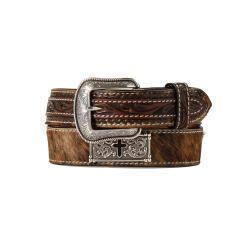 D100018202 3D Mens Belt 1 1/2" Leather Calf Hair Cross Concho Brown