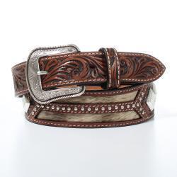 D100013602 3D Mens Belt 1 1/2 Tooled Tab Calf Hair Brown