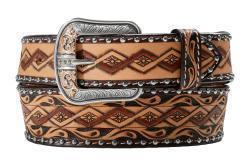 D100019802 3D MENS BELT 1 3/4-1 1/2 SCROLL NAIL HEAD BROWN