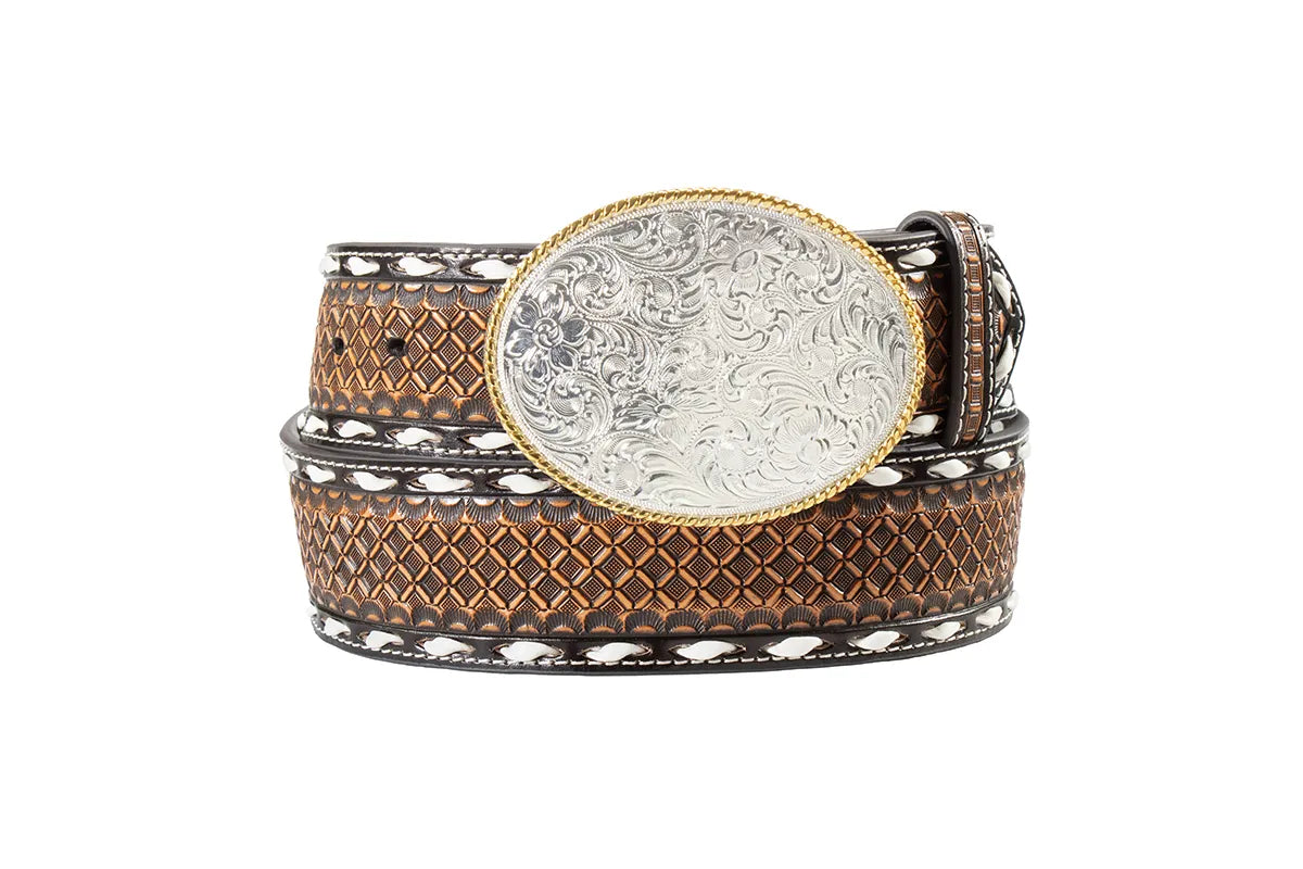 D100021702 3D MENS BELT 2 DIAMOND EMBOSSED BUCK LACE BROWN