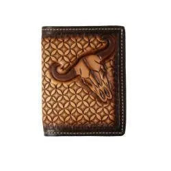 D250015402 3D MENS TRIFOLD STYLE WALLET HAND TOOLED STAINED EDGE COW SKULL BROWN