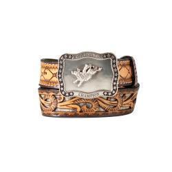 D120003602 3D YOUTH BOYS BELT 1 1/4 Inch SUNBURST CALF HAIR UNDERLAY BROWN