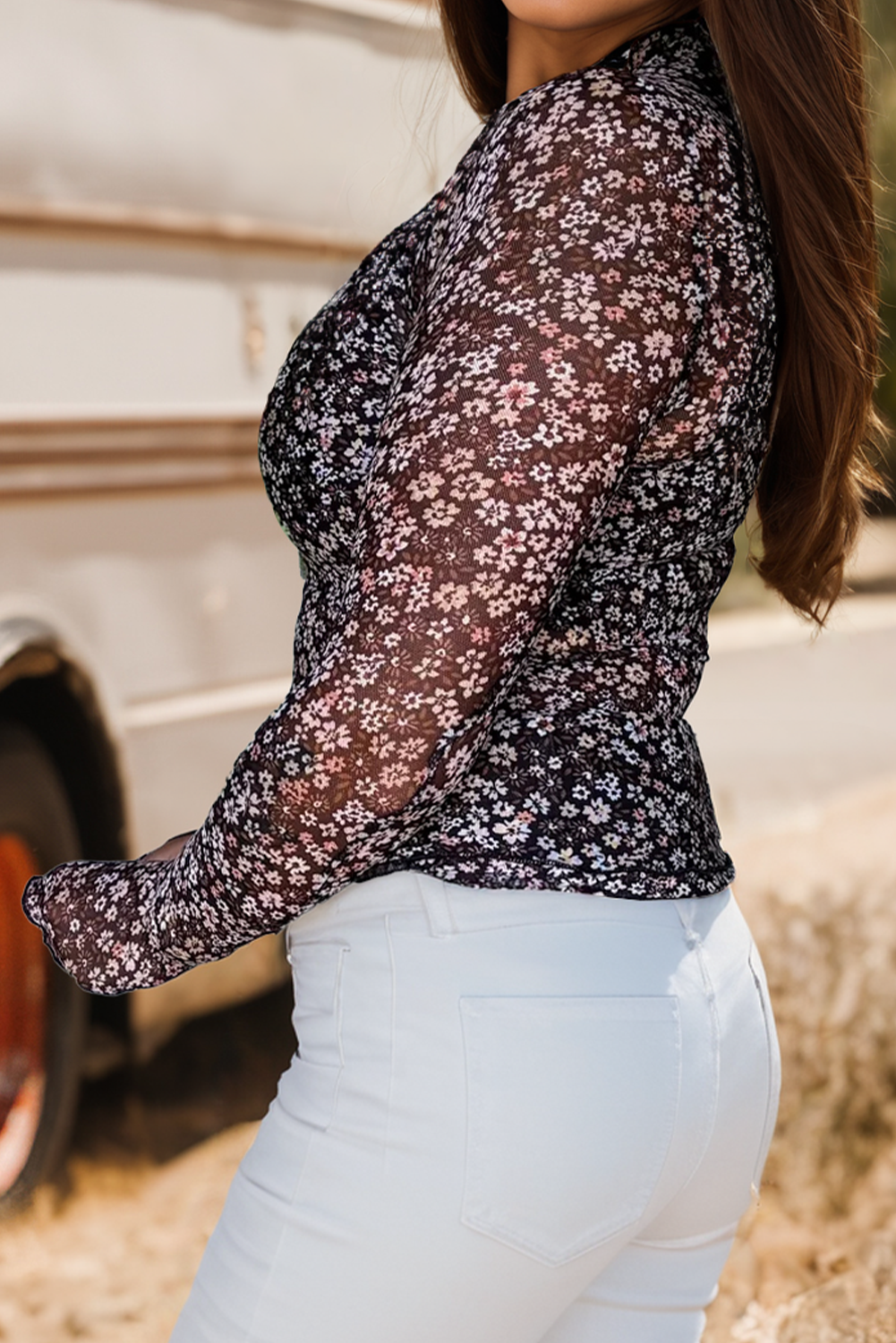 Fashion-W Ditsy Floral Mesh Thumbhole Sleeve Top