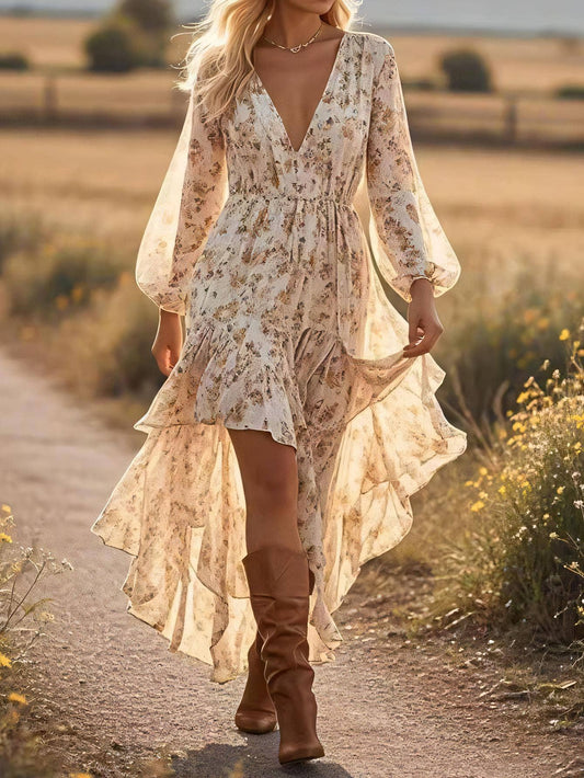 V-Neck Floral Printed Bohemian Layered Dress