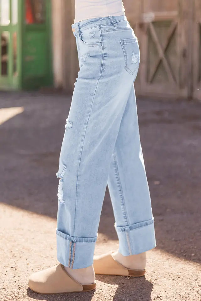 FW7875034 FASHIN-W LIGHT WASH DISTRESSED FLARE JEANS