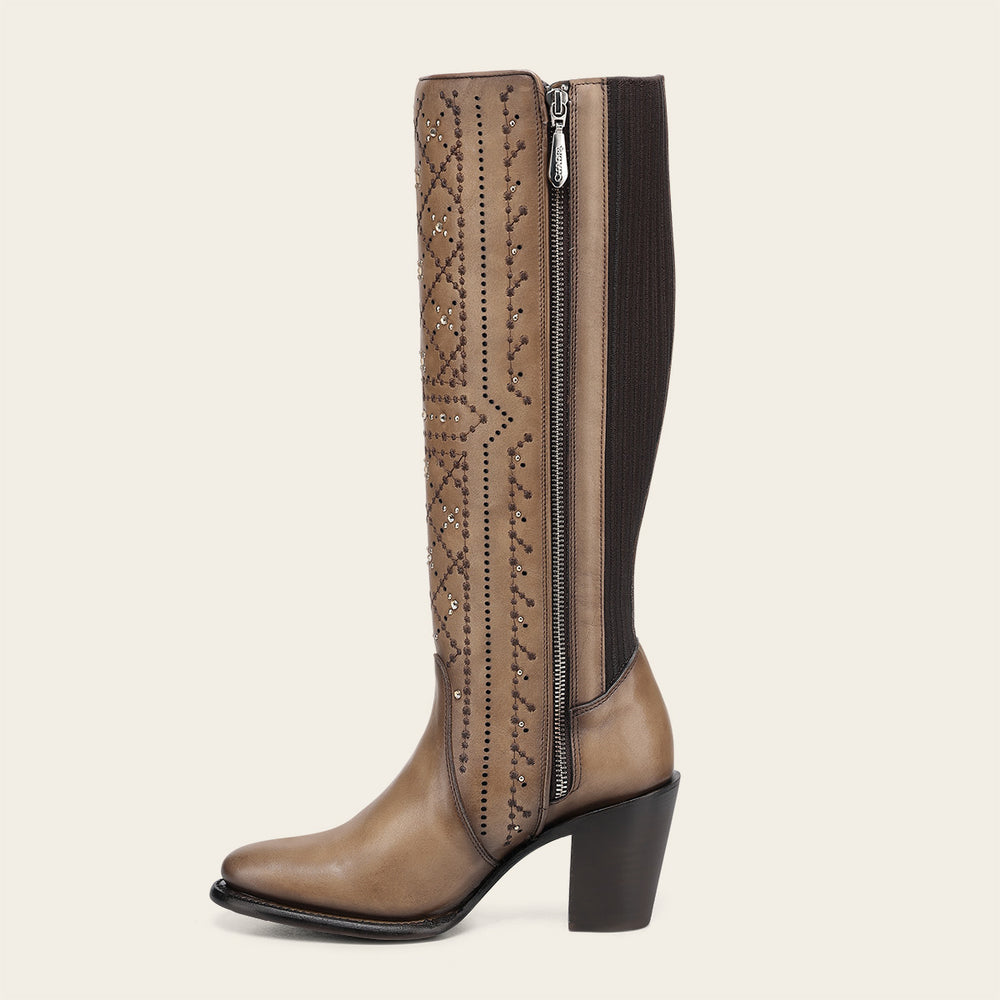 CC258 CUADRA WOMEN'S TALL ALMOND BROWN LEATHER BOOT WITH CRYSTALS