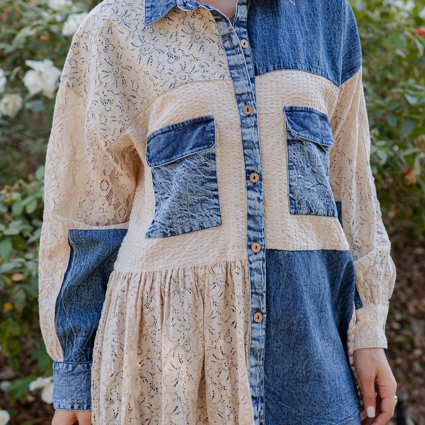 Mixed Media Spliced Denim Shirt with Seersucker & Lace