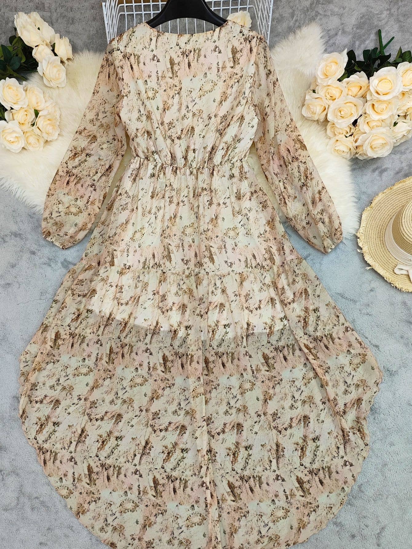 V-Neck Floral Printed Bohemian Layered Dress