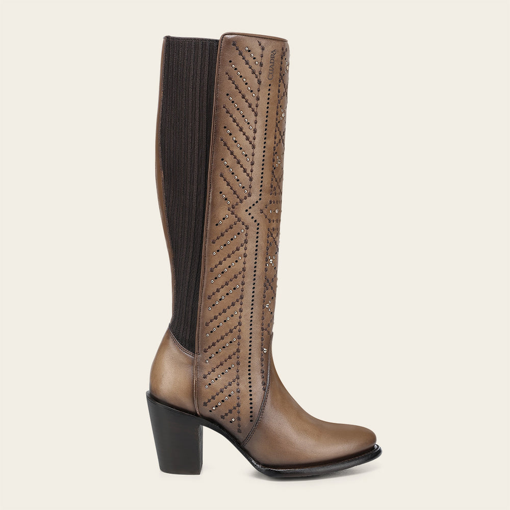 CC258 CUADRA WOMEN'S TALL ALMOND BROWN LEATHER BOOT WITH CRYSTALS