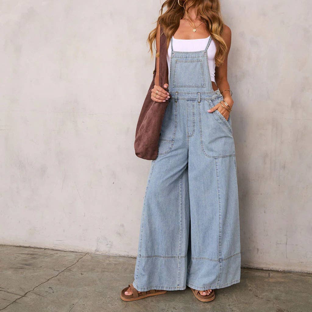 Women Blue Wide Leg Pocket Overalls Jumpsuit