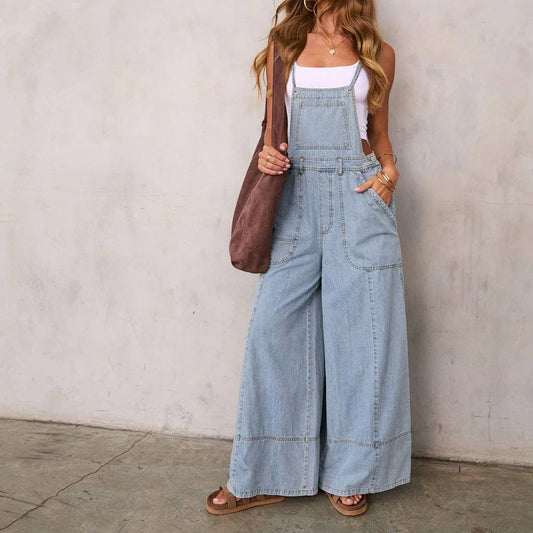 Women Blue Wide Leg Pocket Overalls Jumpsuit