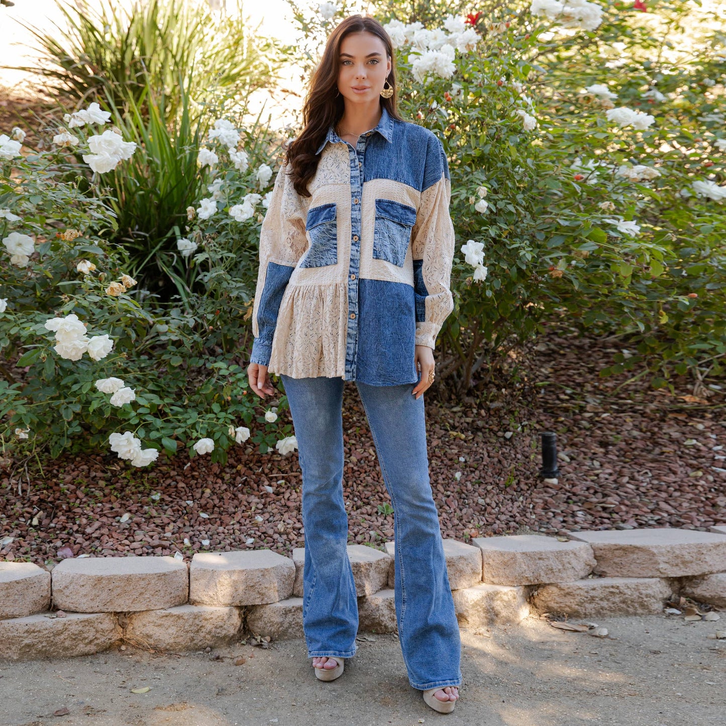 Mixed Media Spliced Denim Shirt with Seersucker & Lace