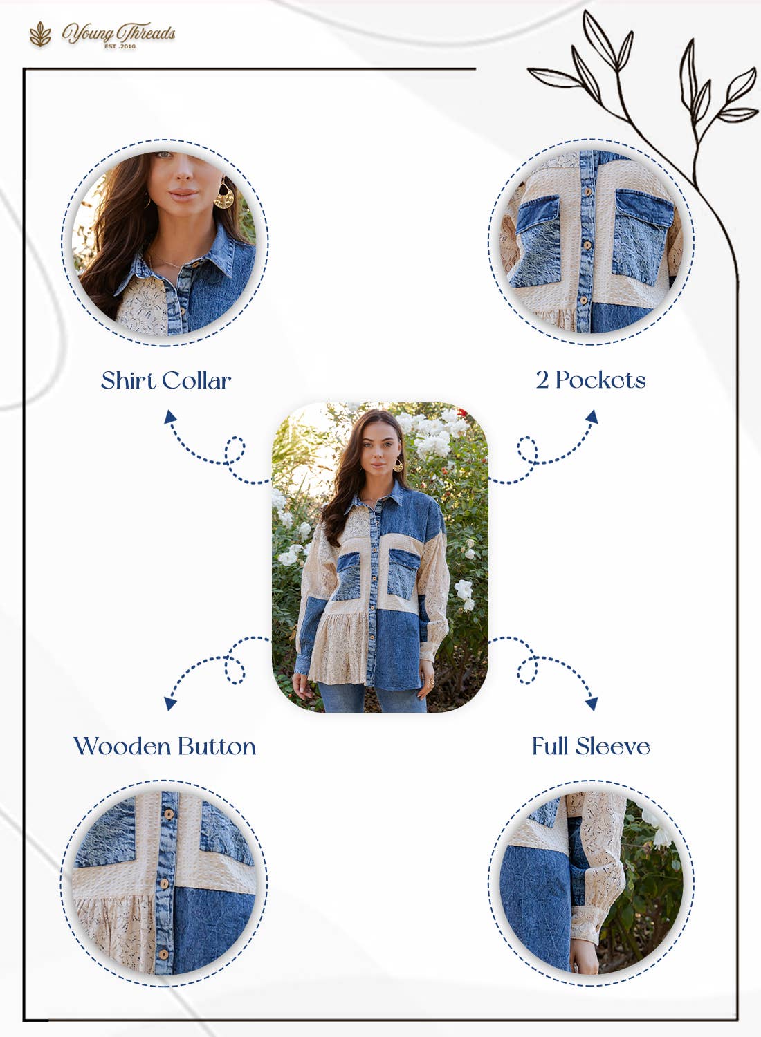 Mixed Media Spliced Denim Shirt with Seersucker & Lace