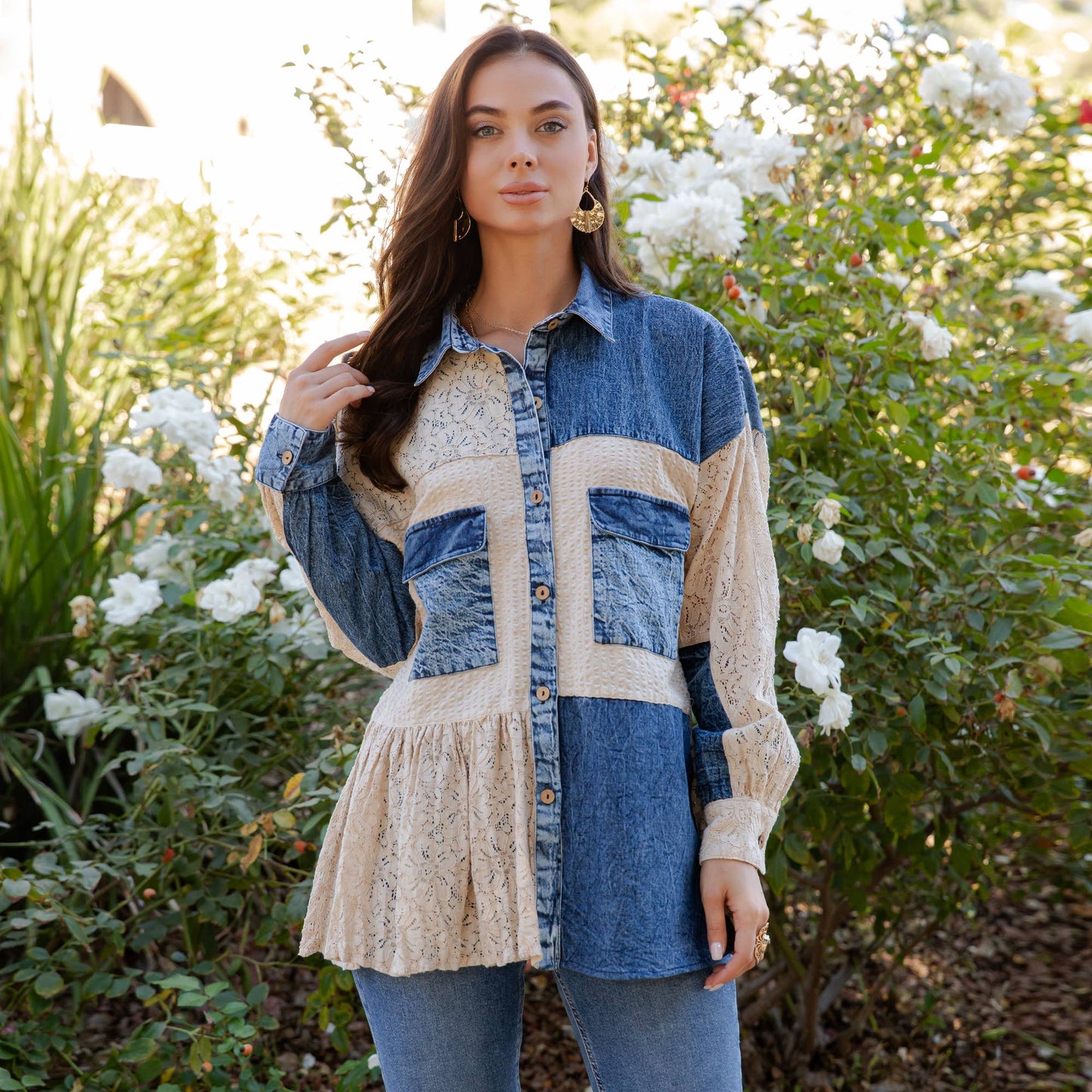 Mixed Media Spliced Denim Shirt with Seersucker & Lace