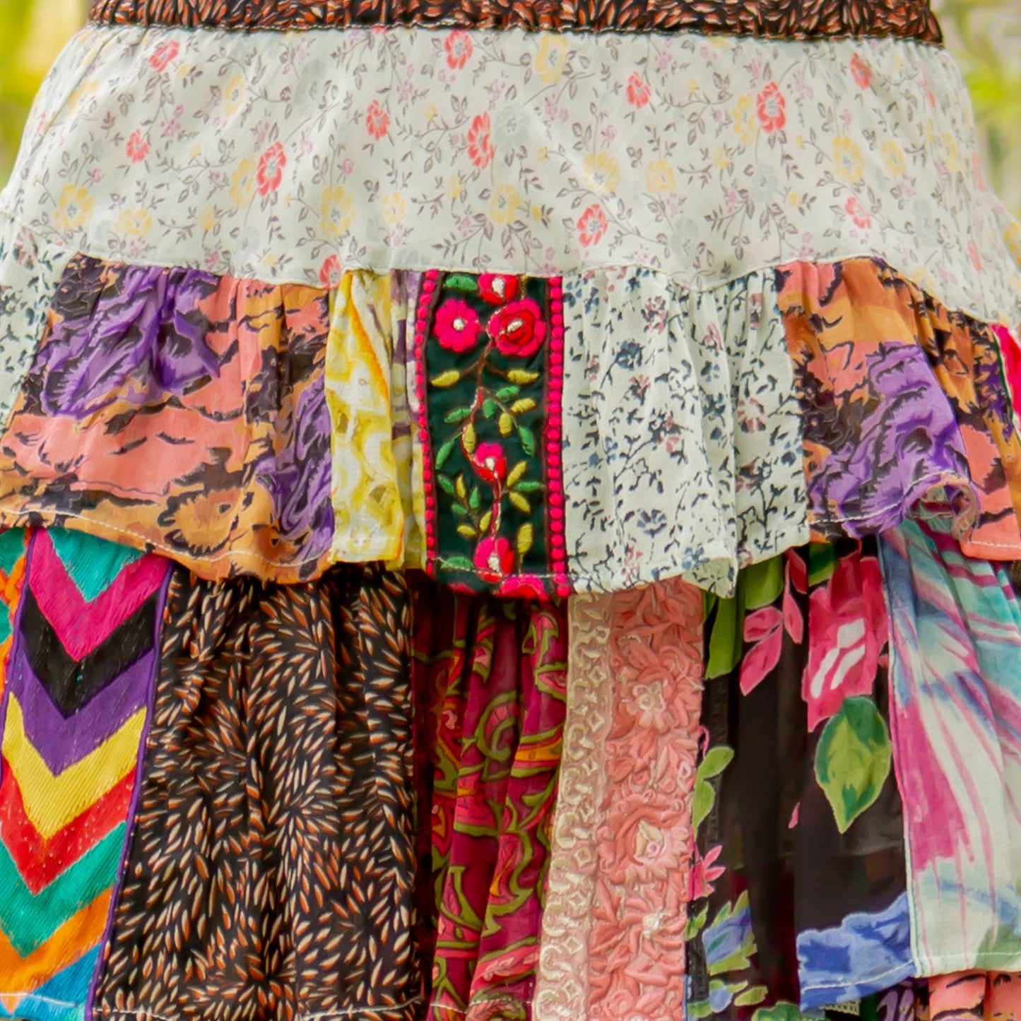 Artisan Patchwork Ruffle Tiered Mini Skirt with Fully Lined