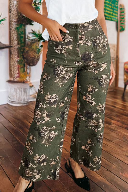 Vintage Floral Print Square Patch Pocket Raw Hem Shift Jeans