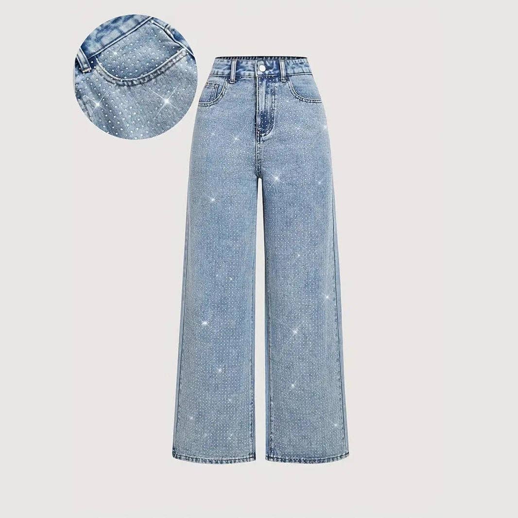 Casual Beaded Stretch Straight Leg Jeans Ligth Blue