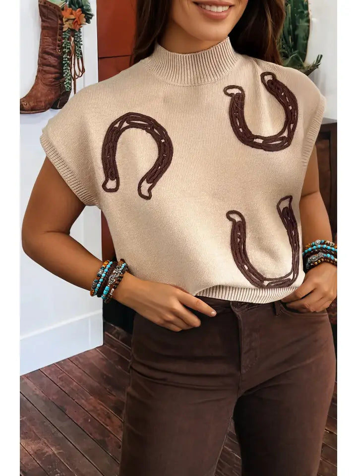 SPRING WESTERN MOCK NECK SHORT SLEEVE KNIT SWEATER