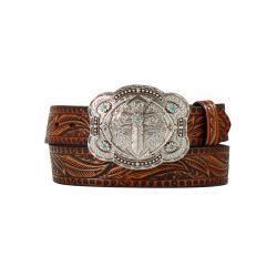 D140008608 ANGEL RANCH LADIES BELT 1 1/2" FEATHER EMBOSSED TAN