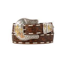 D140009902 ANGEL RANCH LADIES BELT 1 1/2" FLORAL EMBOSSED NYLON STEP LACE BROWN
