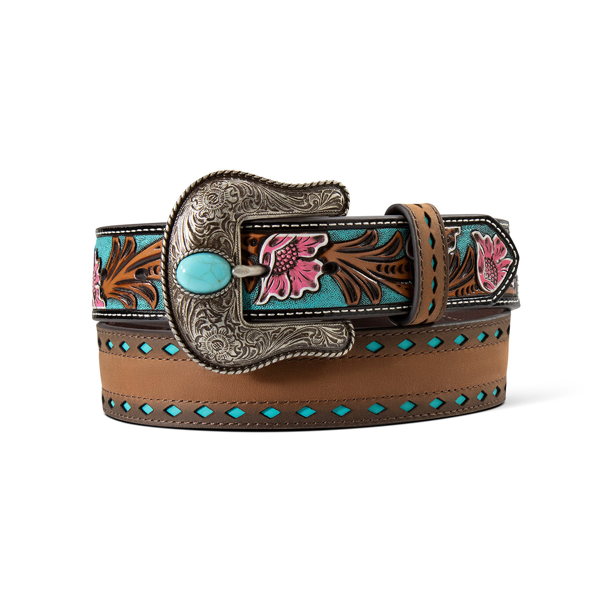 A1568897 ARIAT 1 1/2 BELT FLORAL BILLETS TURQUOISE CUTOUT MULTICOLOR