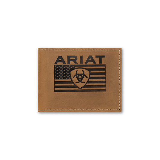 A3570144 ARIAT BIFOLD FLAG EMBOSSED WALLET MEDIUM BROWN