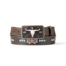 A1565834 ARIAT LADIES BELT COW SKULL ARROW MOTIF DARK BROWN