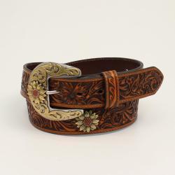 A1533508 ARIAT LADIES BELT FLORAL TOOLED SUNFLOWER CONCHO TAN