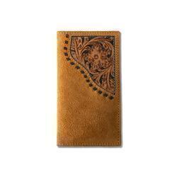A3565008 ARIAT MENS RODEO STYLE WALLET ROUGHOUT FLORAL OVERLAY TAN