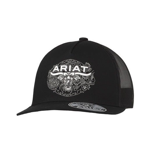 A300096801 ARIAT SNAP BACK LONGHORN PAISELY BACKGROUND BLACK